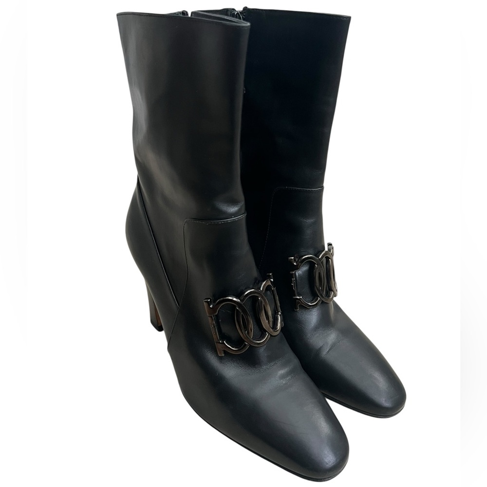 Salvatore Ferragamo Gancini Leather Mid-Calf Boots Black Size 6C | Designer